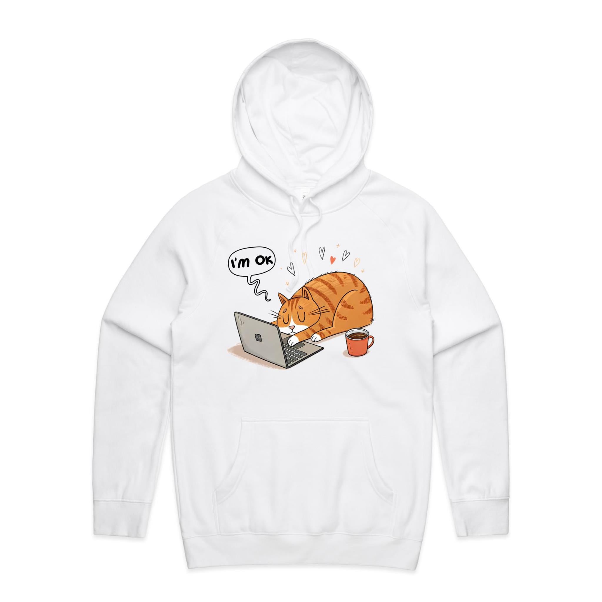 Cat Laptop, I'm OK - Mens Hoodie White Mens Hoodie animal Printed In Australia Tech