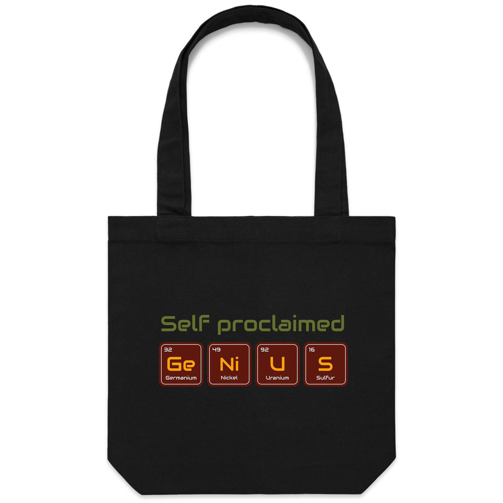 Self Proclaimed Genius, Periodic Table - Canvas Tote Bag Black One Size Tote Bag Printed In Australia Science