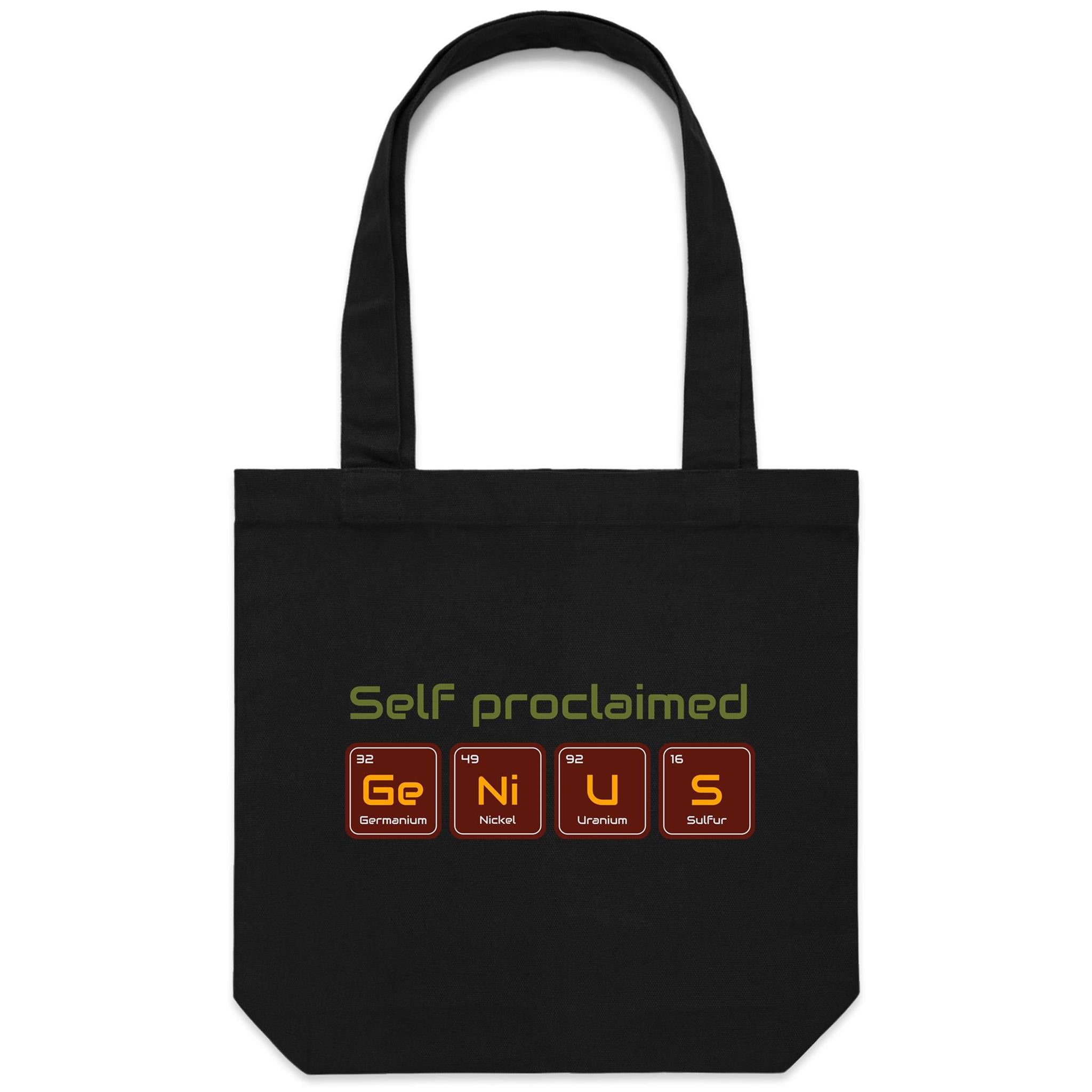 Self Proclaimed Genius, Periodic Table - Canvas Tote Bag Black One Size Tote Bag Printed In Australia Science
