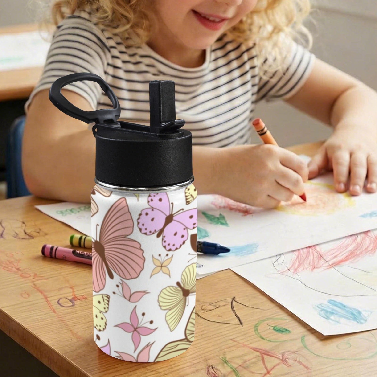 Cartoon Butterfly 12oz Kids Water Bottle with Straw Lid