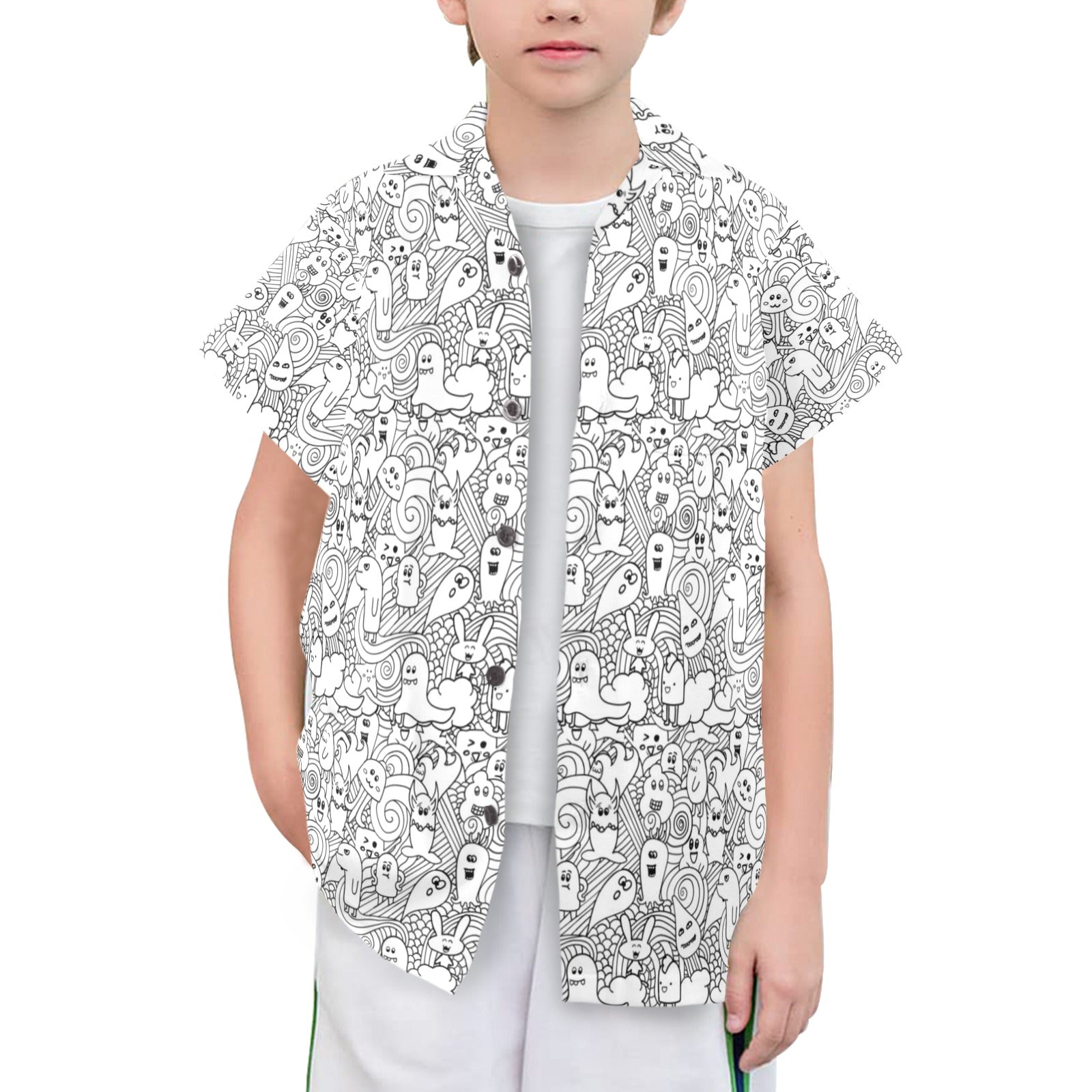 Black And White Creatures Senior Kids Hawaiian Shirt Senior Kids Hawaiian Shirt 8-15 Printed Offshore Sci Fi
