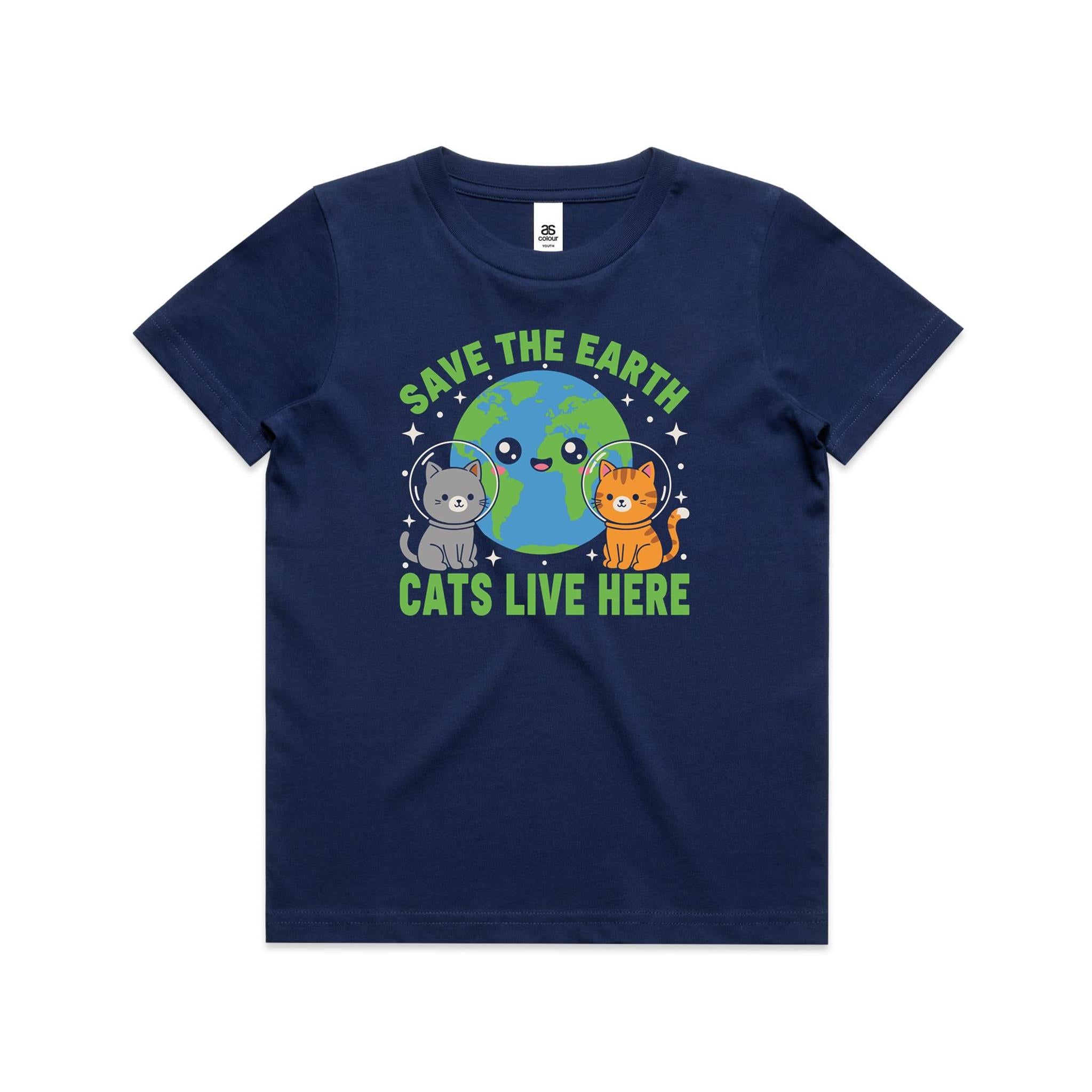 Save The Earth, Cats Live Here - Kid's AS Colour T-shirt Cobalt Kids Youth T-shirt animal Environment Printed In Australia