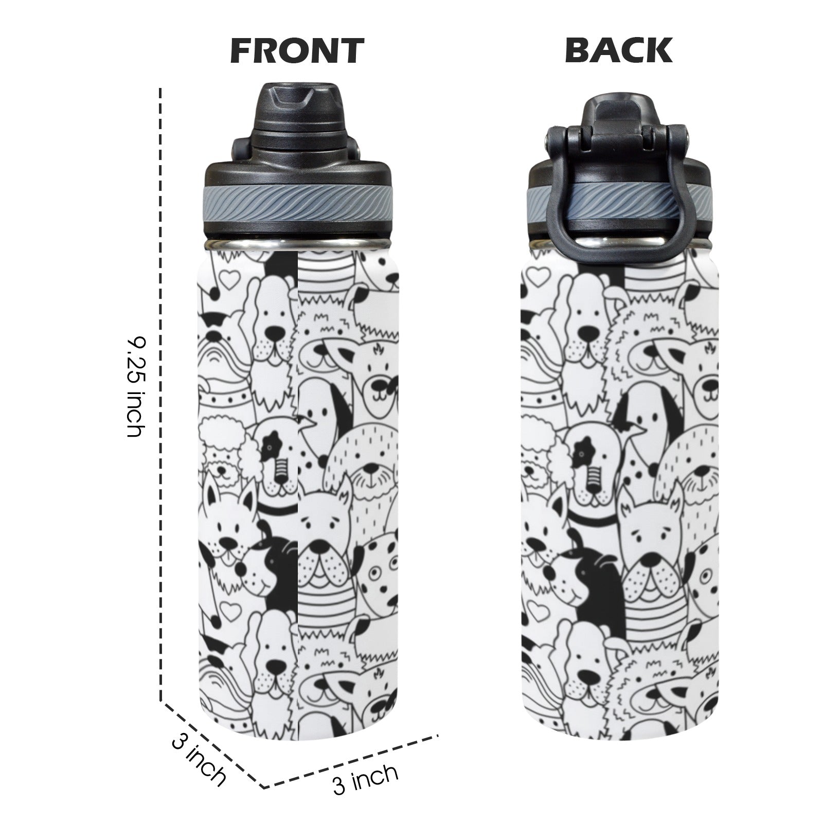 Black And White Dogs - Insulated Water Bottle with Dual-Use Lid (18oz) Insulated Water Bottle with Dual-Use Lid (18oz) animal Printed Offshore