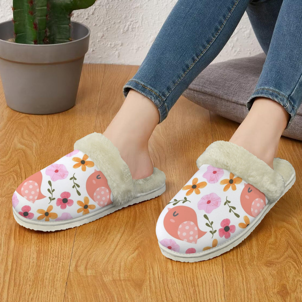 Lovely Birds Women's Fur Trim Thick-Sole Indoor Slippers Women's Fur Trimmed Slippers animal Birds Printed Offshore