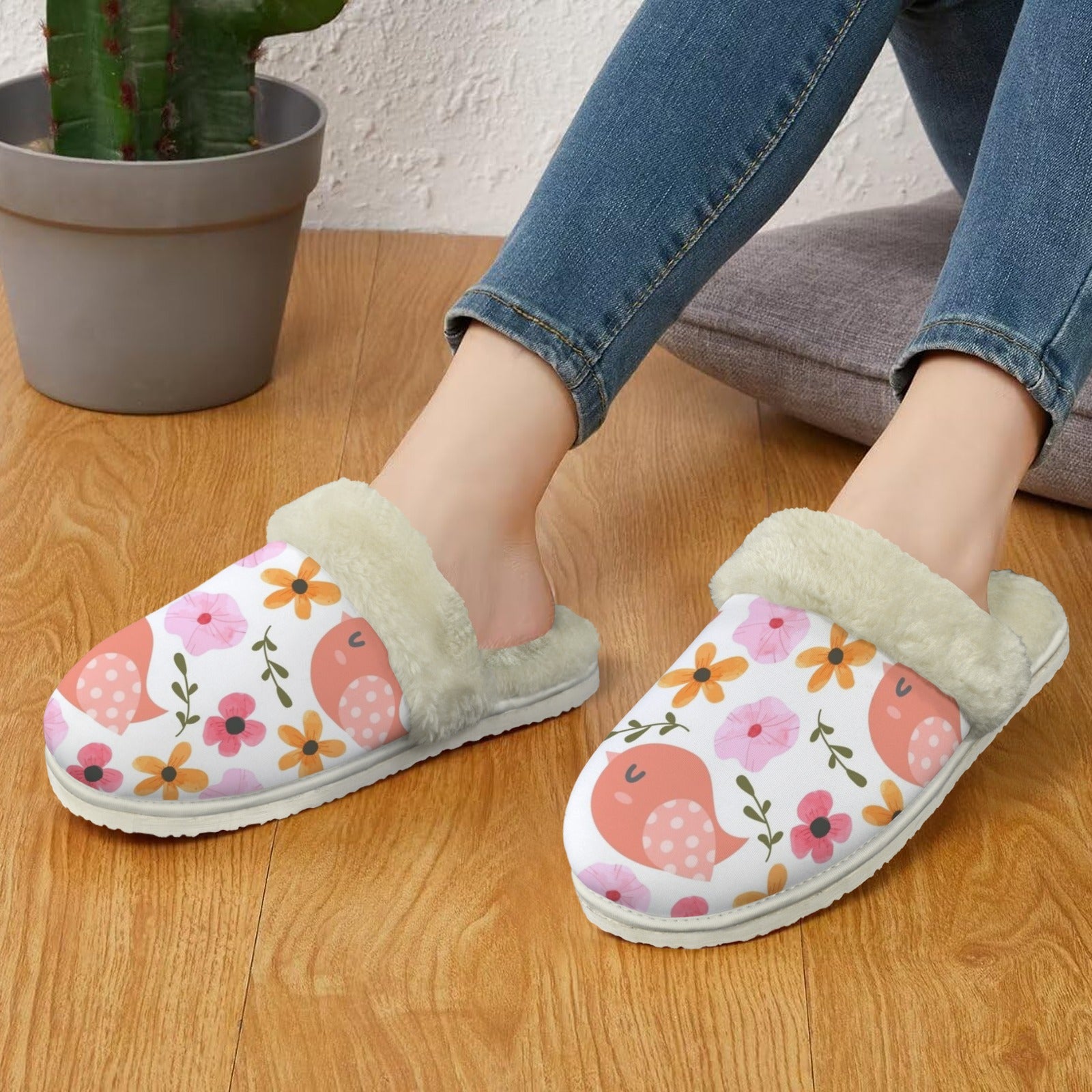 Lovely Birds Women's Fur Trim Thick-Sole Indoor Slippers Women's Fur Trimmed Slippers animal Birds Printed Offshore