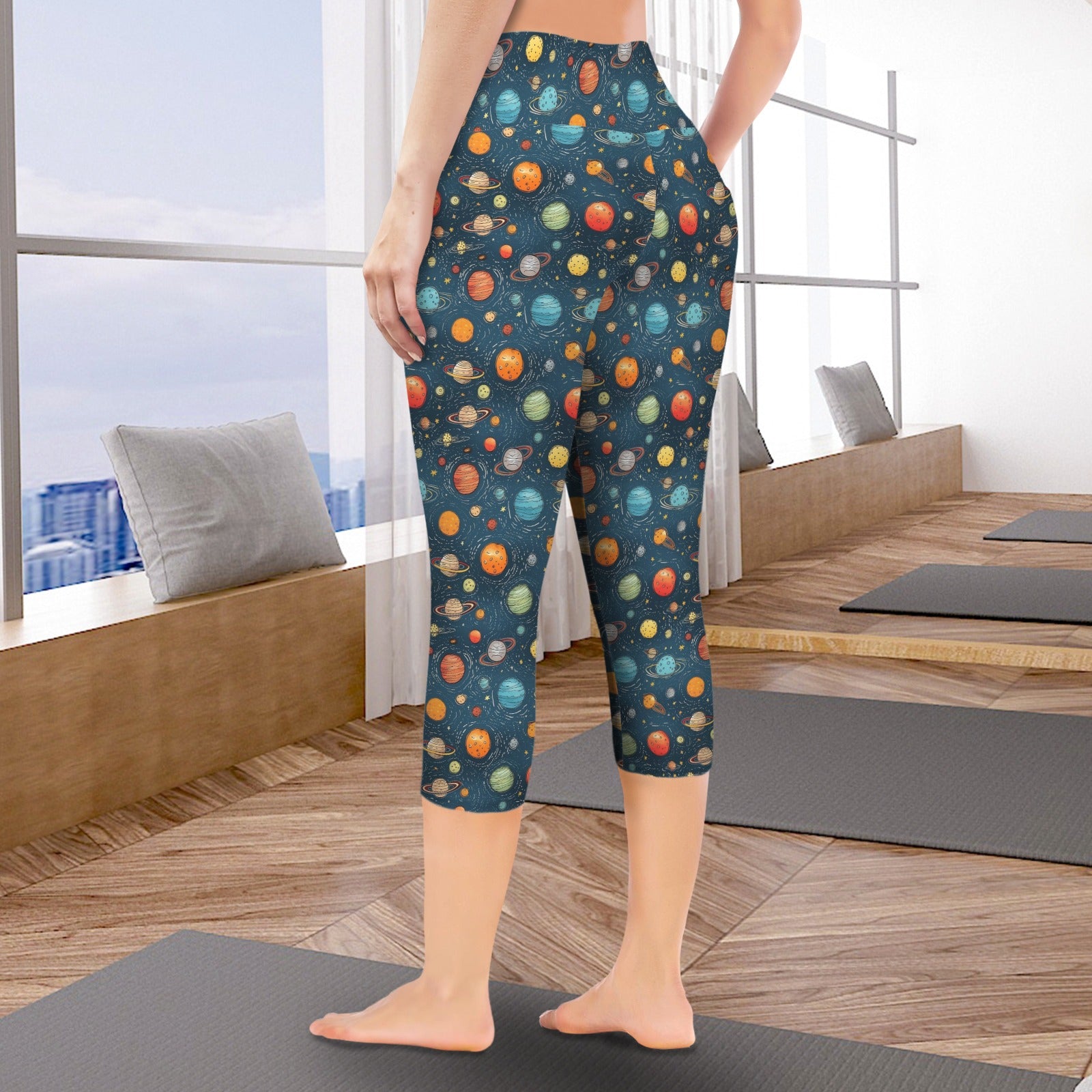 Galaxy Women's High Waist Pocket Capri Yoga Leggings Women's High Waist Capri Yoga Leggings Printed Offshore Space