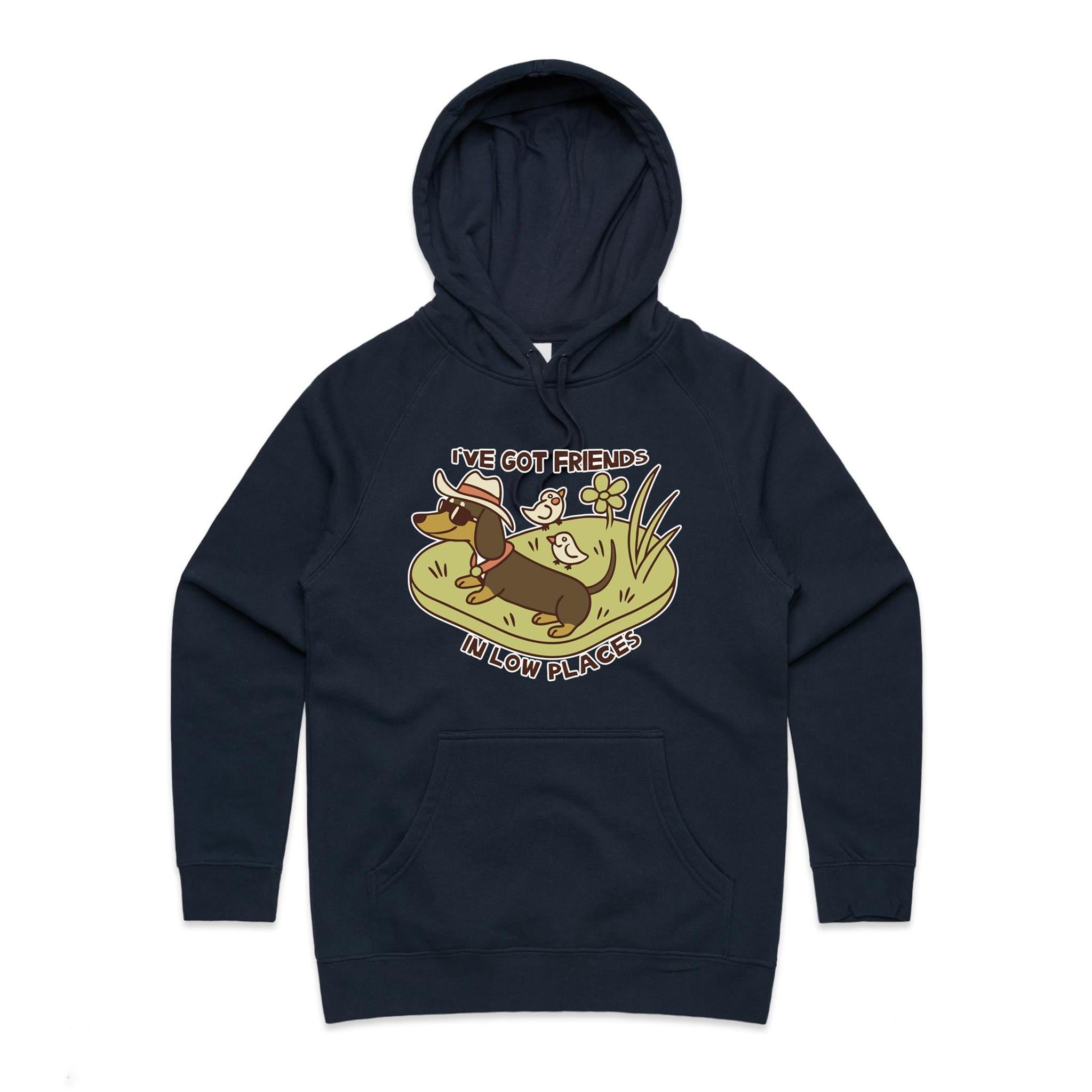 Dachshund, I've Got Friends In Low Places Women's AS Colour Hoodie Navy Womens Hoodie animal Printed In Australia
