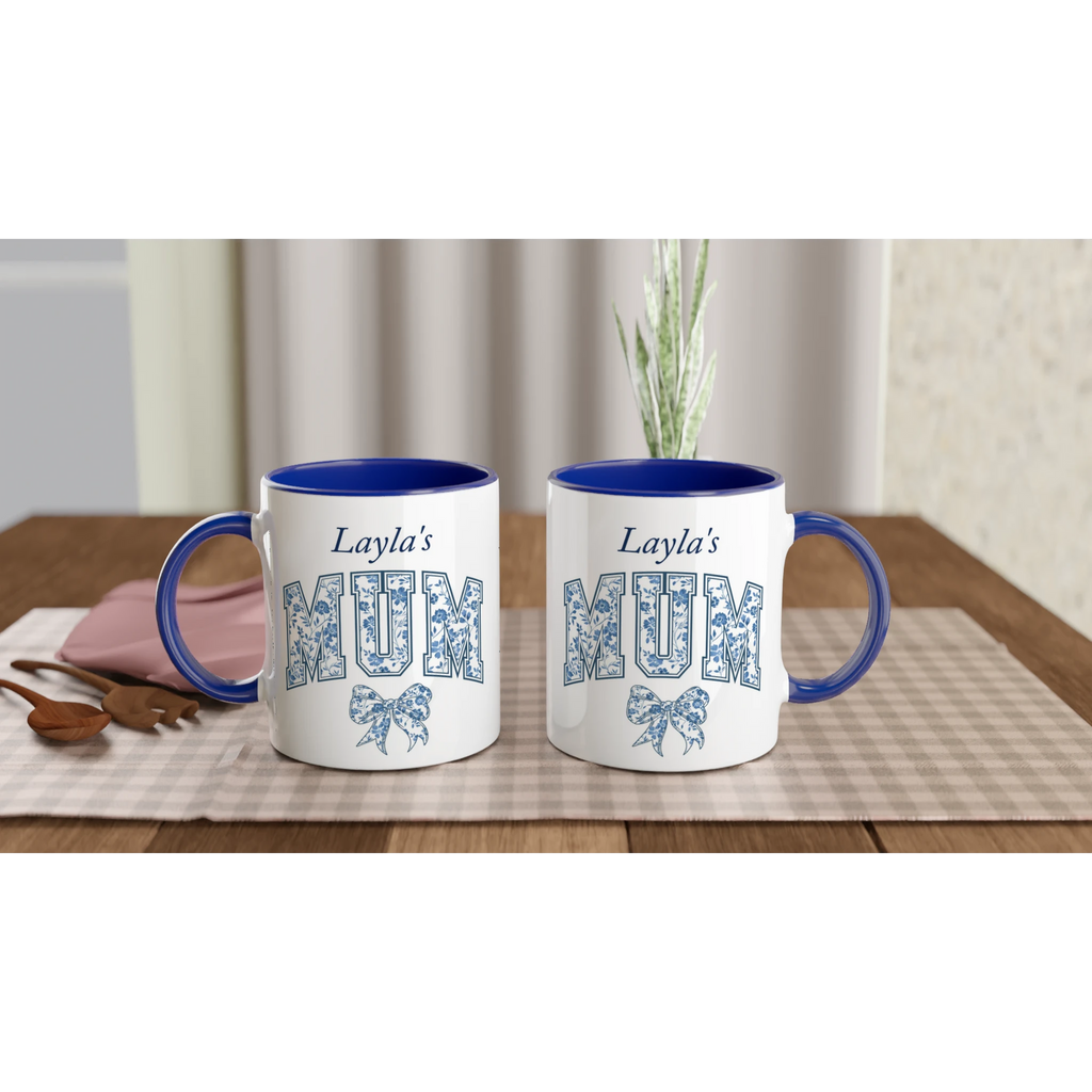Personalise - Mum, Blue Floral - 11oz Ceramic Mug Personalised 11oz Mug customise Globally Fulfilled Mum Name personalise