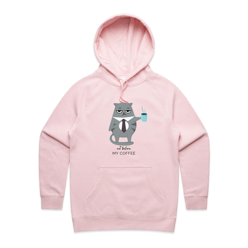 Cranky Cat, Not Before My Coffee - Womens Hoodie Pink Womens Hoodie animal Coffee Printed In Australia