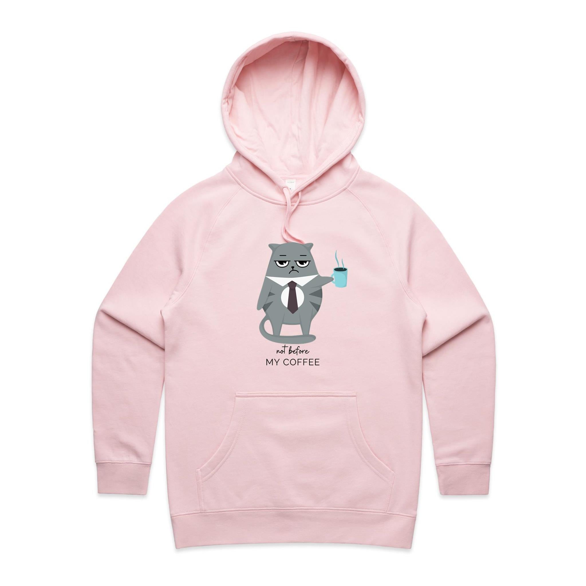 Cranky Cat, Not Before My Coffee - Womens Hoodie Pink Womens Hoodie animal Coffee Printed In Australia
