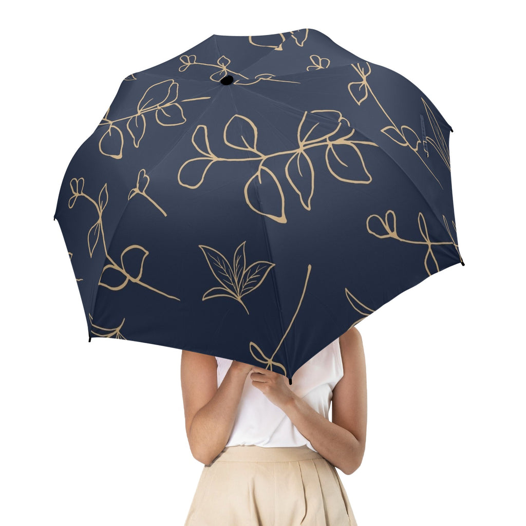 Gold Flowers On Navy - Semi-Automatic Foldable Umbrella (Model U12) Semi-Automatic Foldable Umbrella (U12)