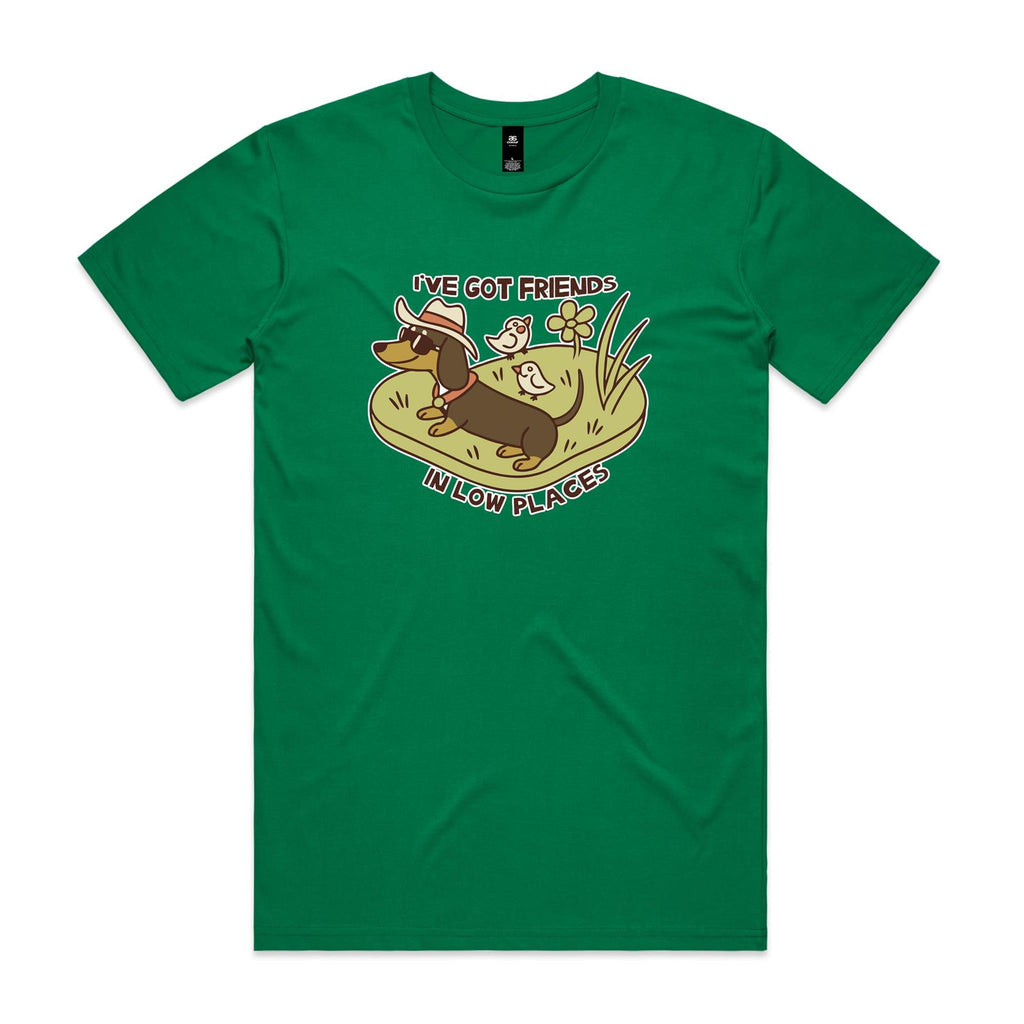 Dachshund, I've Got Friends In Low Places Men's AS Colour T-shirt Kelly Green Mens T-shirt animal Printed In Australia