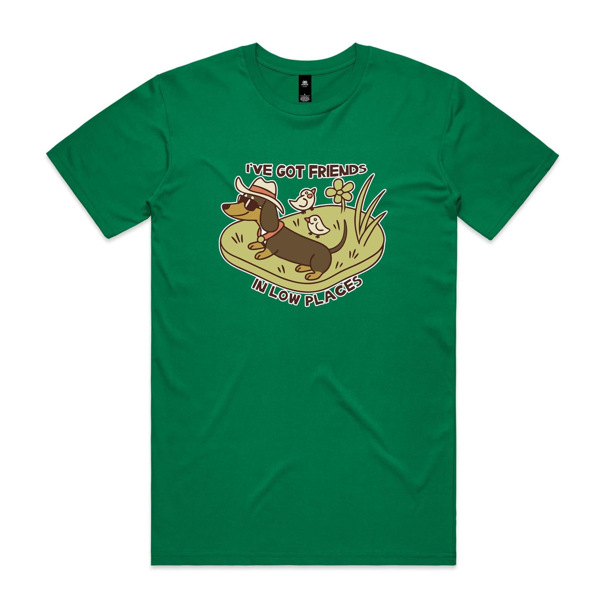 Dachshund, I've Got Friends In Low Places Men's AS Colour T-shirt Kelly Green Mens T-shirt animal Printed In Australia