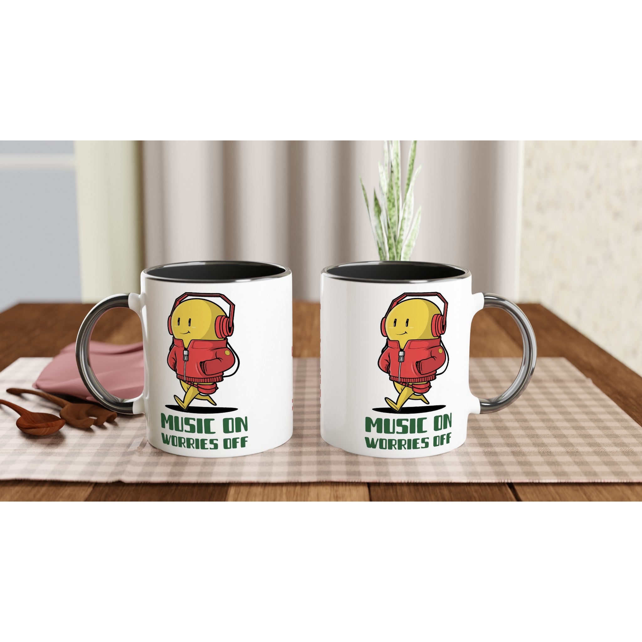 Personalised - Music On, Worries Off - White 11oz Ceramic Mug with Colour Inside Personalised 11oz Mug customise Globally Fulfilled Music personalise