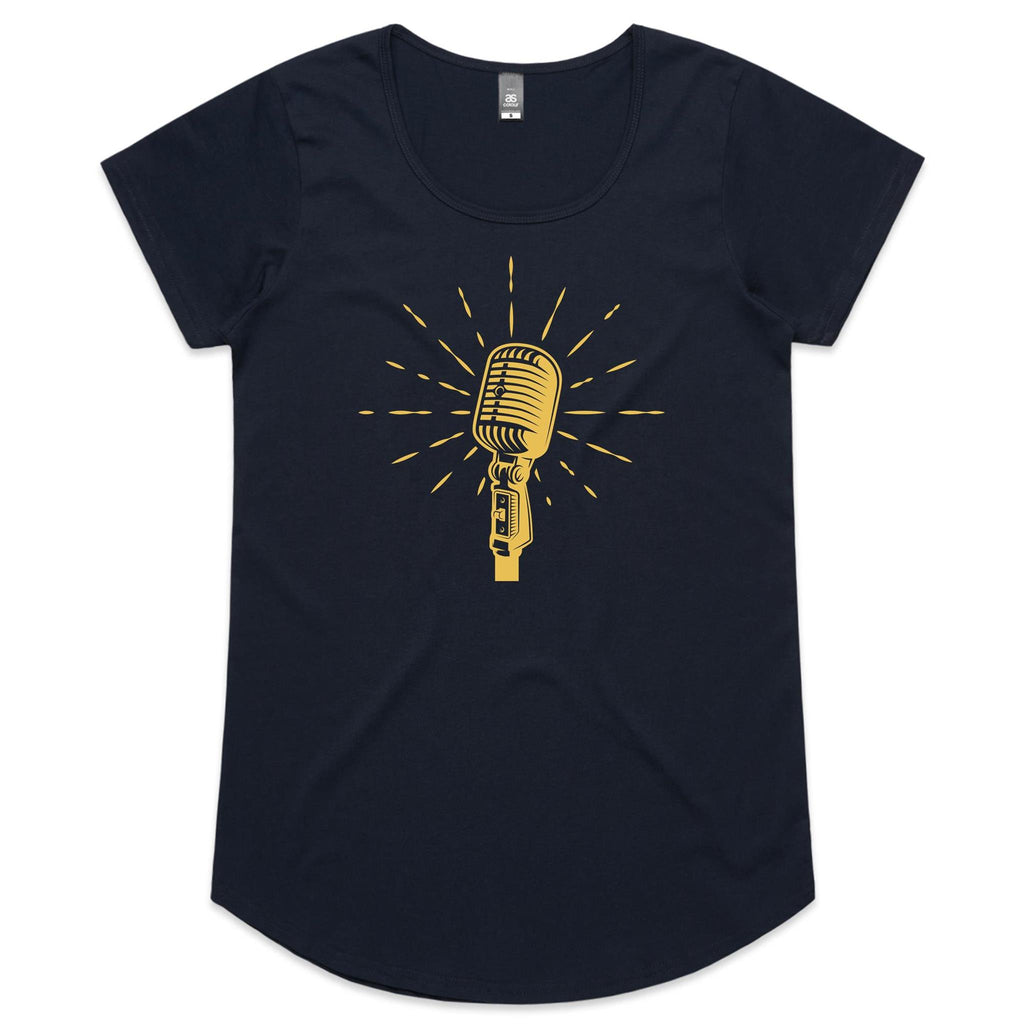 Retro Microphone - Womens Scoop Neck T-Shirt Navy Womens Scoop Neck T-shirt Music Printed In Australia Retro