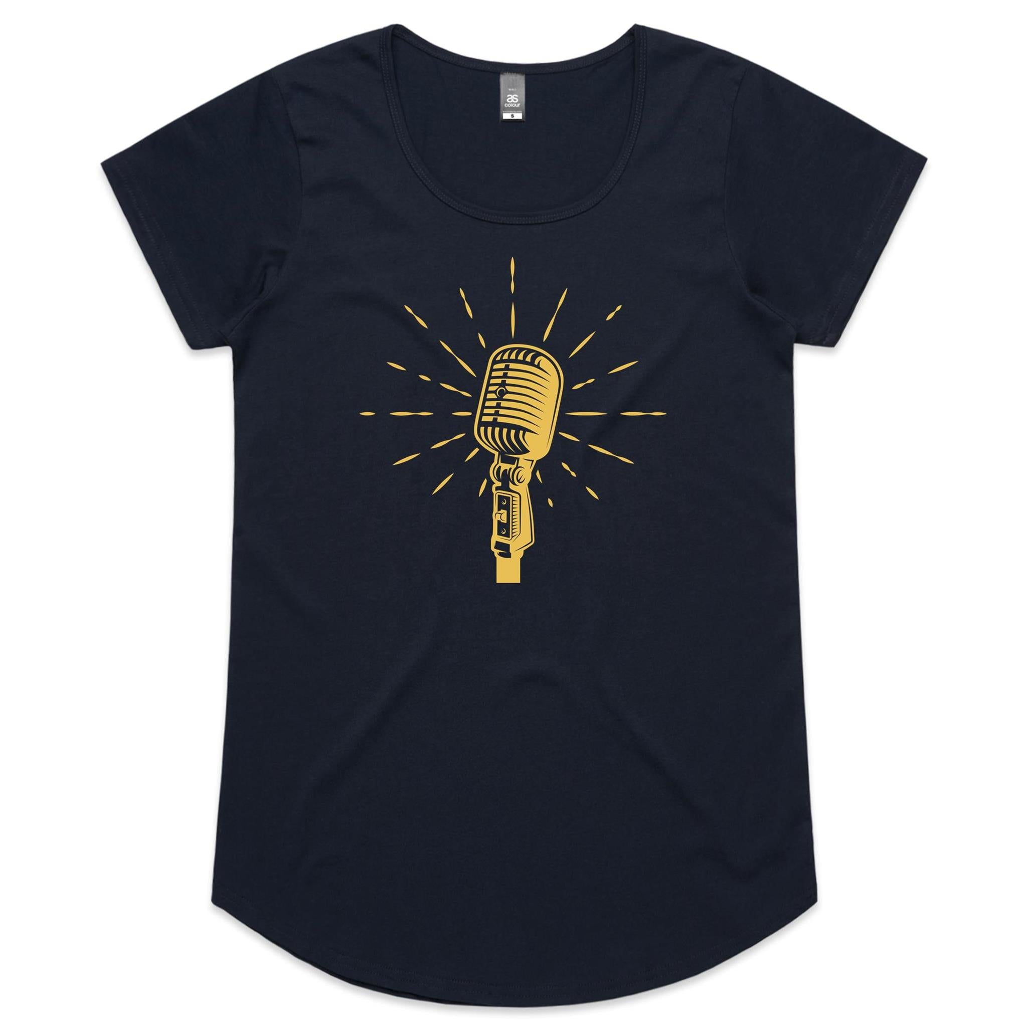 Retro Microphone - Womens Scoop Neck T-Shirt Navy Womens Scoop Neck T-shirt Music Printed In Australia Retro