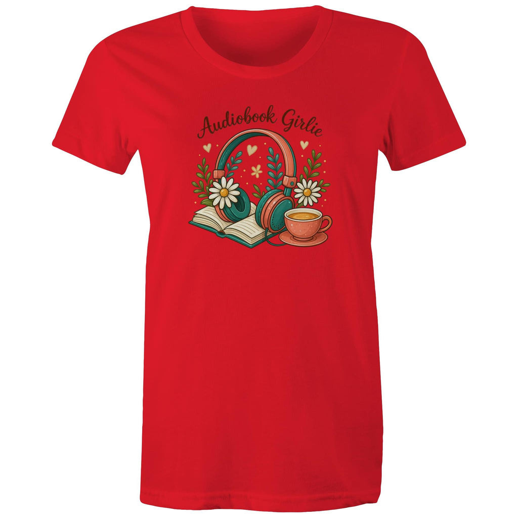 Audiobook Girlie - Womens T-shirt Red Womens T-shirt Printed In Australia Reading