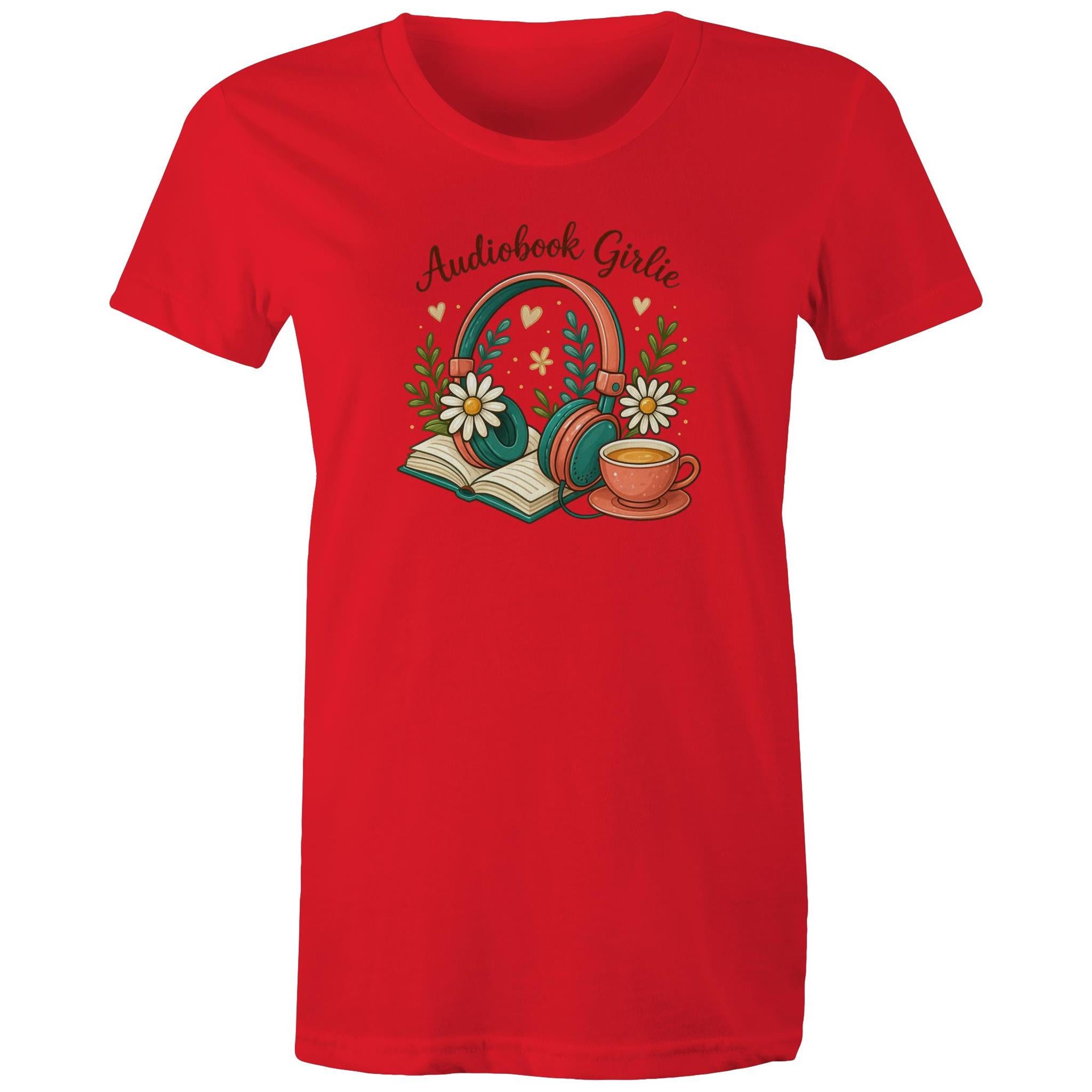 Audiobook Girlie - Womens T-shirt Red Womens T-shirt Printed In Australia Reading