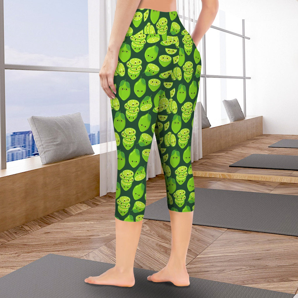 Cute Limes Women's High Waist Pocket Capri Yoga Leggings Women's High Waist Capri Yoga Leggings Food Printed Offshore