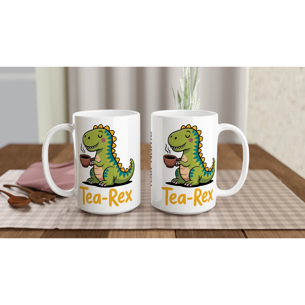 Personalised Tea-Rex, Tea Drinking Dinosaur White 15oz Ceramic Mug Personalised 15oz Mug Globally Fulfilled Tea