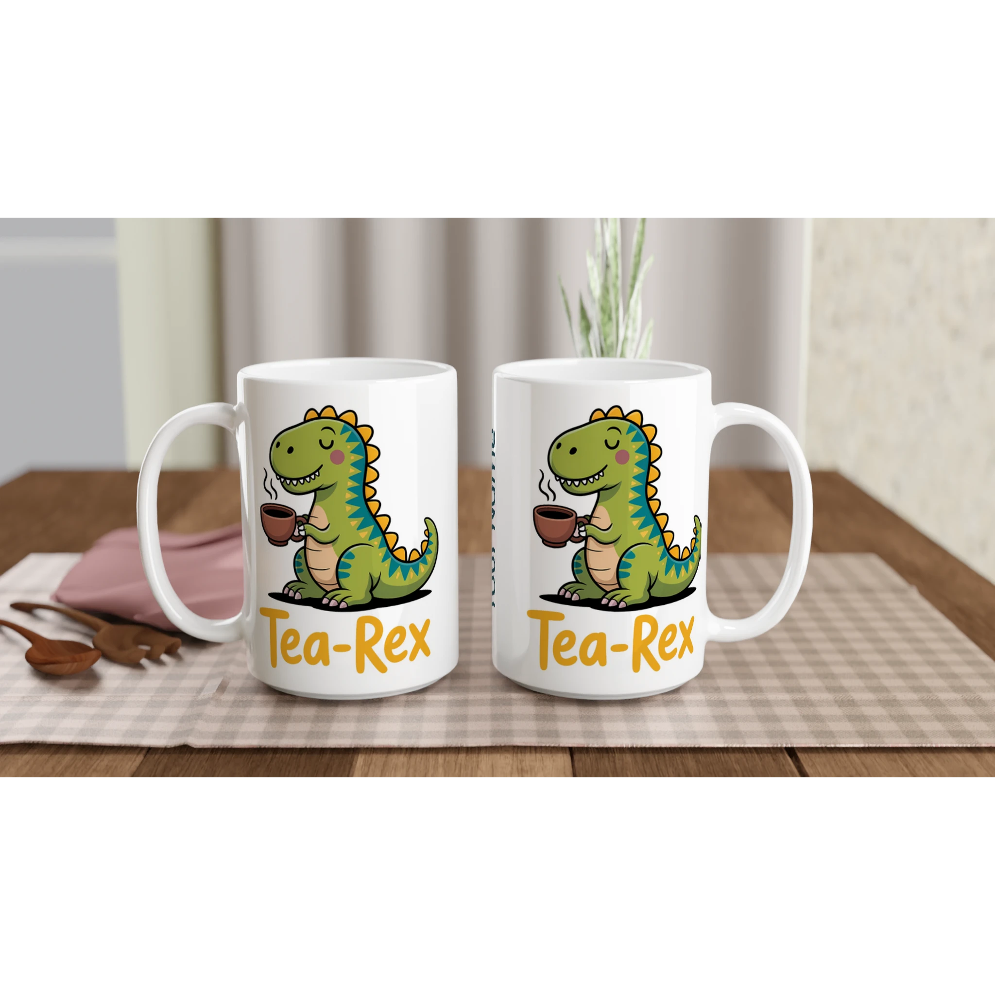 Personalised - Tea-Rex, Tea Drinking Dinosaur - White 15oz Ceramic Mug Personalised 15oz Mug Globally Fulfilled Tea