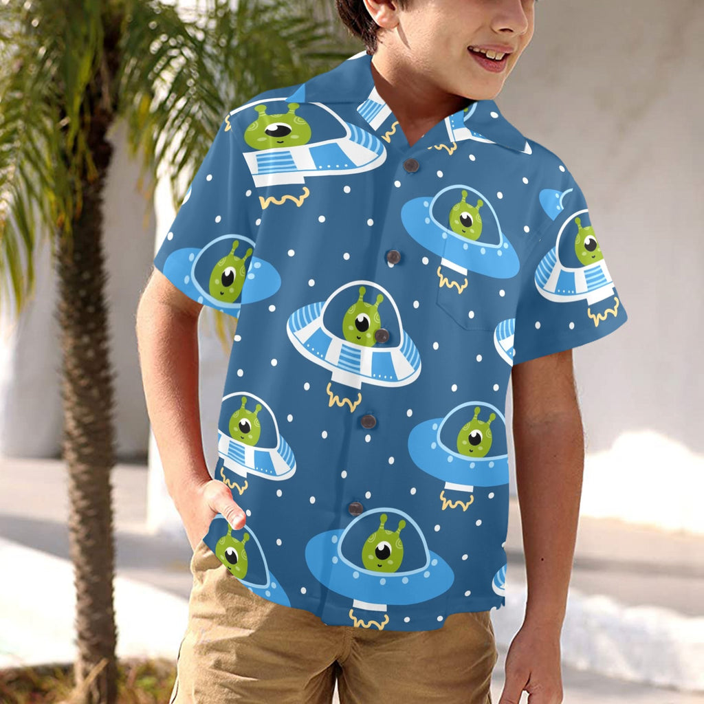 Cute Aliens in UFOs - Junior Kids Hawaiian Shirt