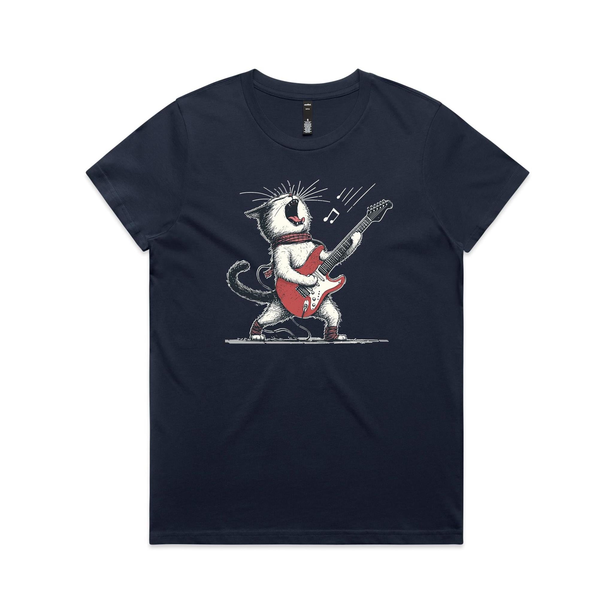 Cat Playing Guitar Women's AS Colour T-shirt Midnight Blue Womens T-shirt animal Music Printed In Australia