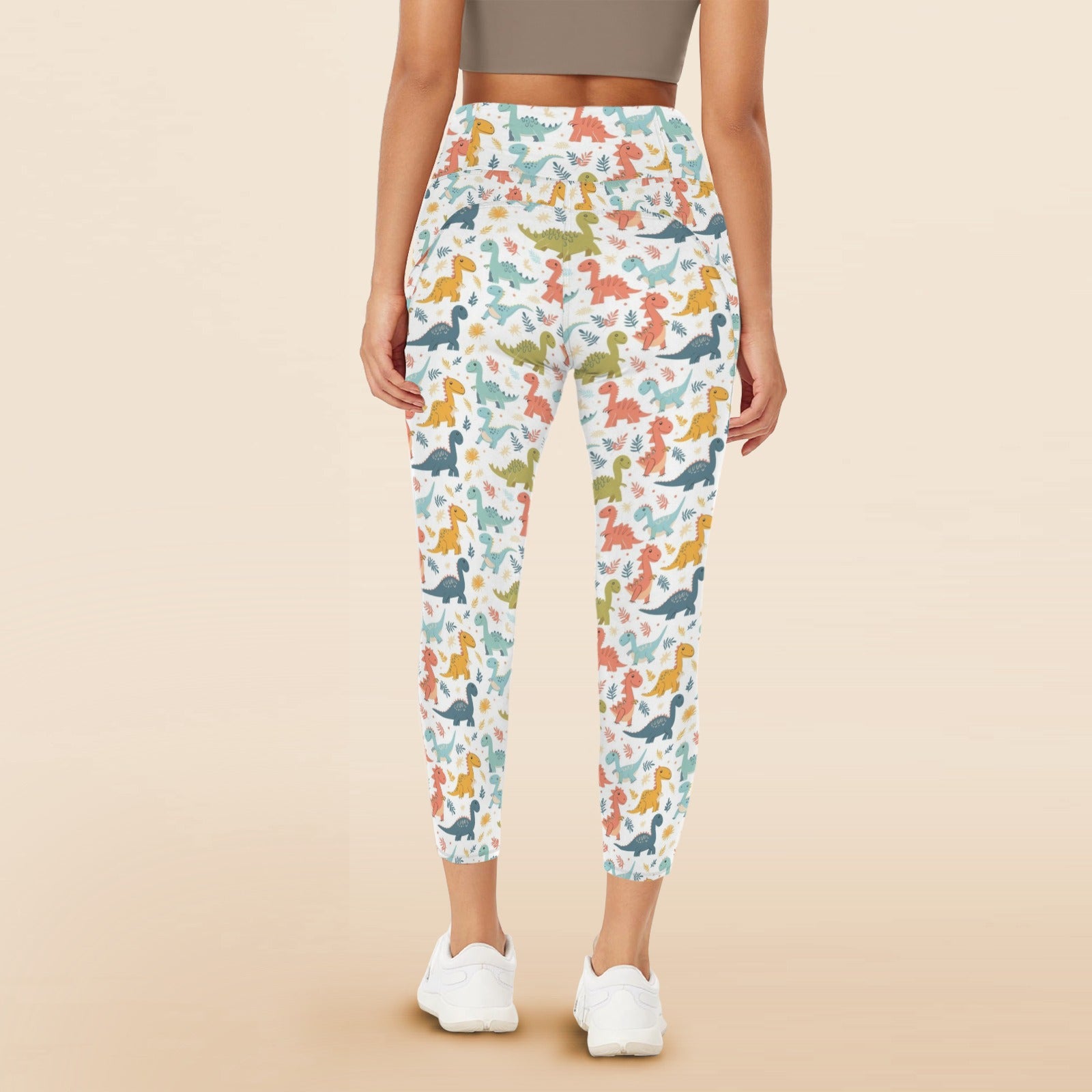 Cute Colourful Dinosaurs - Women's High Waist Pockets Yoga Leggings
