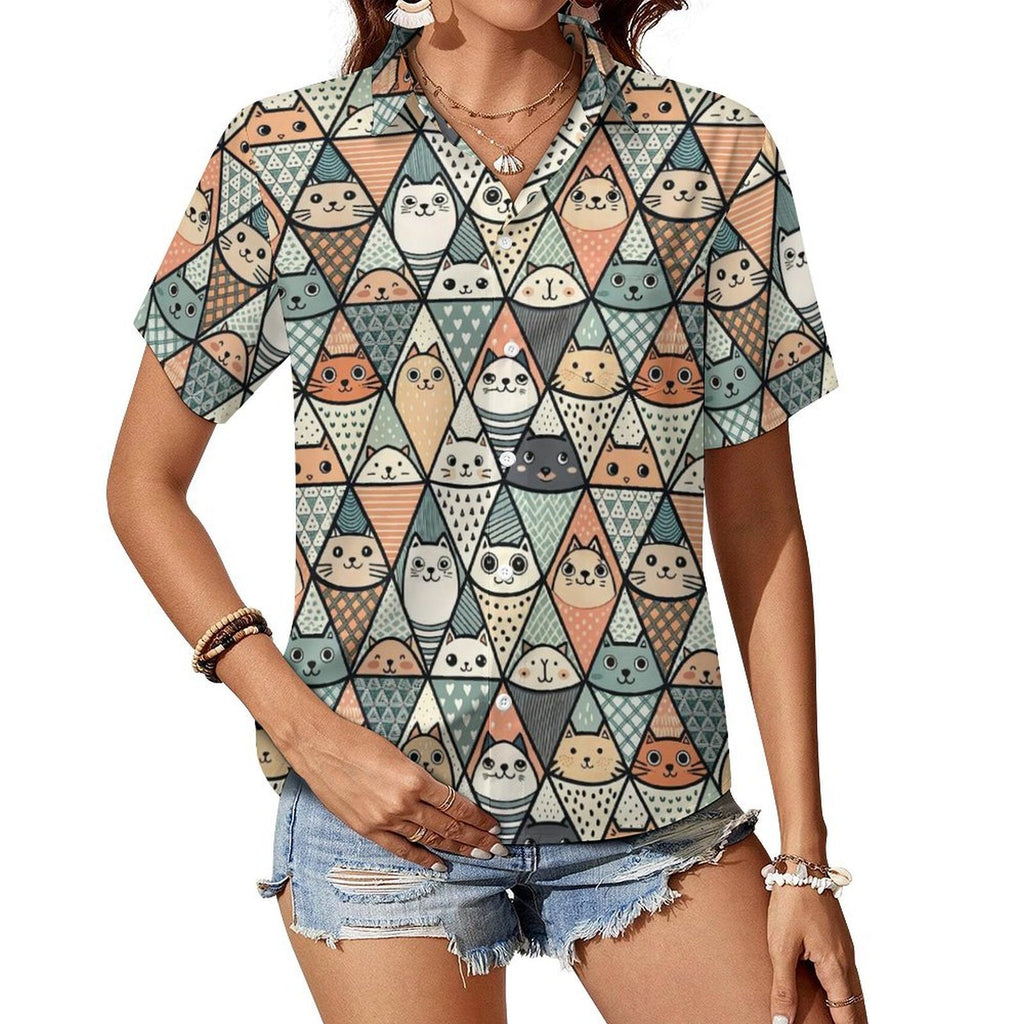 Diamond Cat Pattern Women's Short-Sleeve Button Up Shirt white Women's Short-Sleeve Button Up Shirt animal Printed Offshore