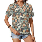 Diamond Cat Pattern Women's Short-Sleeve Button Up Shirt white Women's Short-Sleeve Button Up Shirt animal Printed Offshore