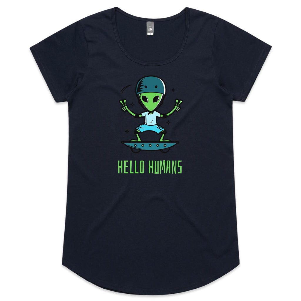 Hello Humans, Alien - Womens Scoop Neck T-Shirt Navy Womens Scoop Neck T-shirt Printed In Australia Sci Fi