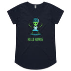 Hello Humans, Alien - Womens Scoop Neck T-Shirt Navy Womens Scoop Neck T-shirt Printed In Australia Sci Fi