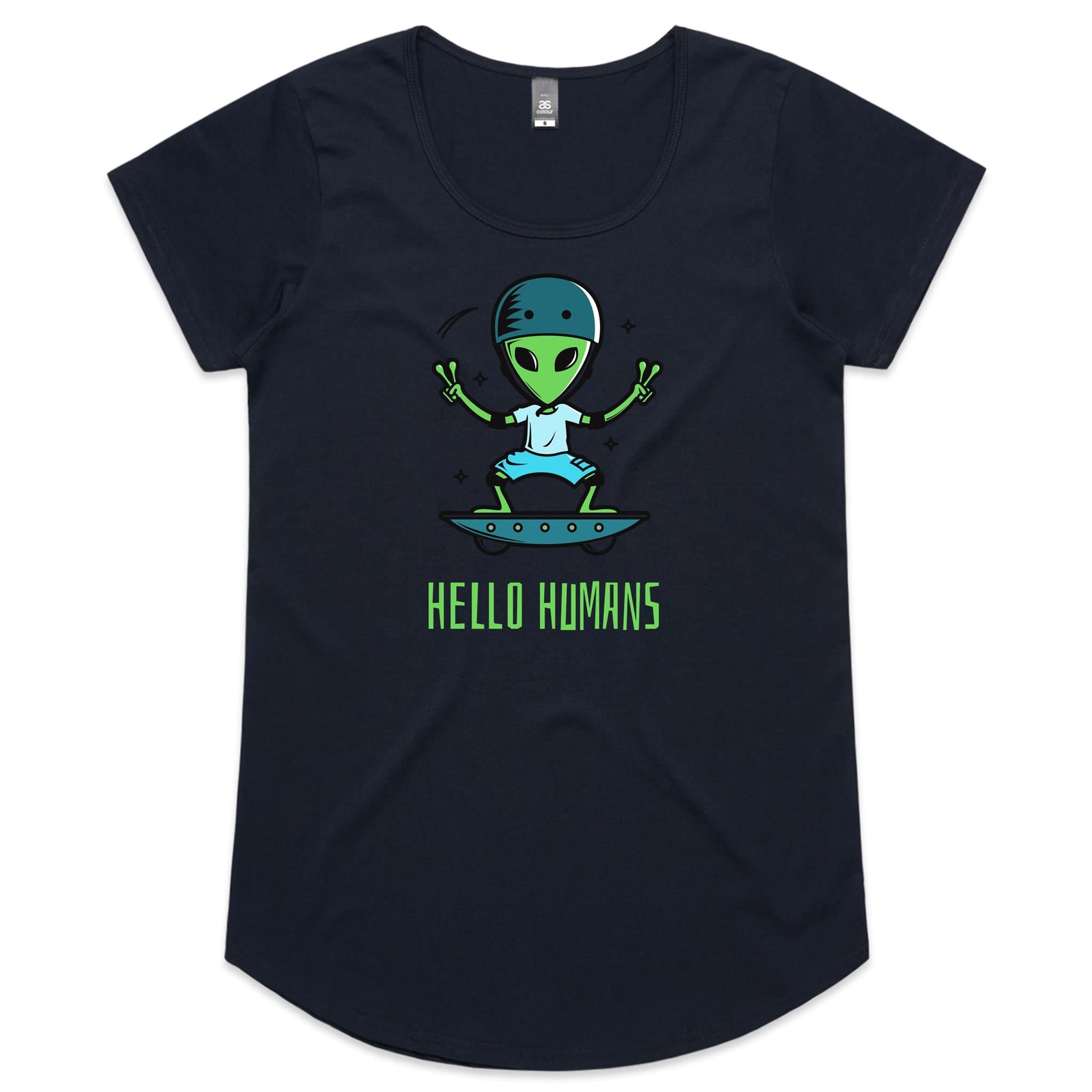 Hello Humans, Alien - Womens Scoop Neck T-Shirt Navy Womens Scoop Neck T-shirt Printed In Australia Sci Fi