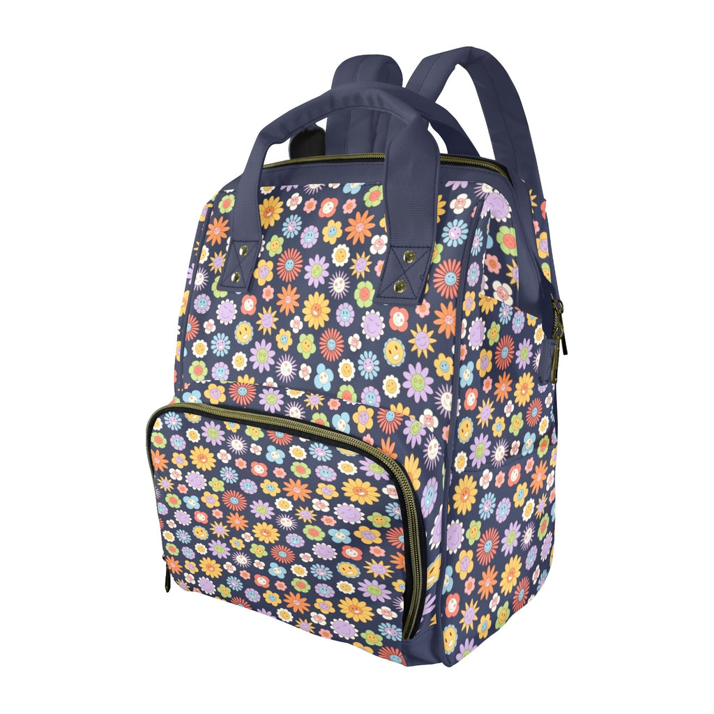 Groovy Flowers Multi-Function Backpack, Nappy / Diaper Bag One Size Multi-function Backpack, Nappy / Diaper Bag Printed Offshore Retro
