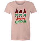 Christmas Gnomes, Seasons Greetings - Womens T-shirt Pale Pink Womens Christmas T-shirt Christmas Printed In Australia