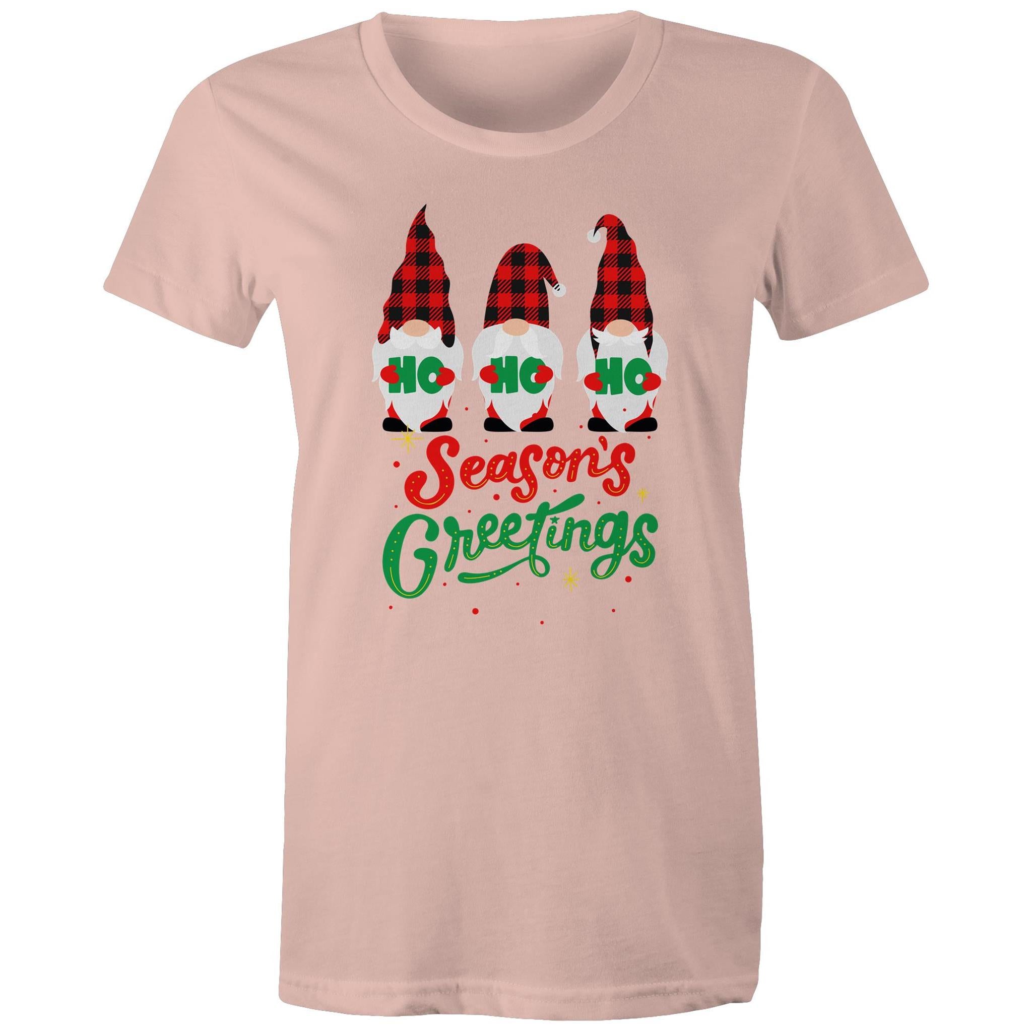 Christmas Gnomes, Seasons Greetings - Womens T-shirt Pale Pink Womens Christmas T-shirt Christmas Printed In Australia
