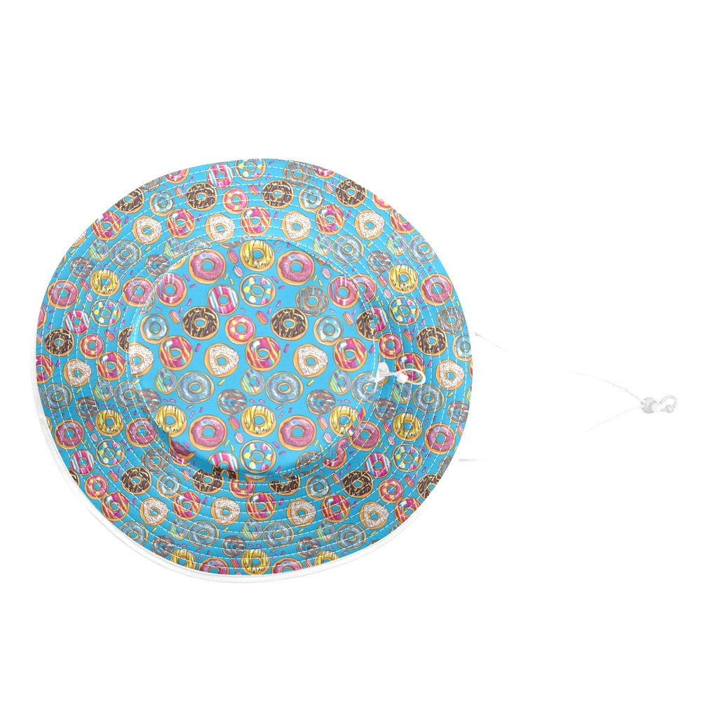 Doughnuts On Blue Wide Brim Bucket Hat Wide Brim Bucket Hat Food Printed Offshore