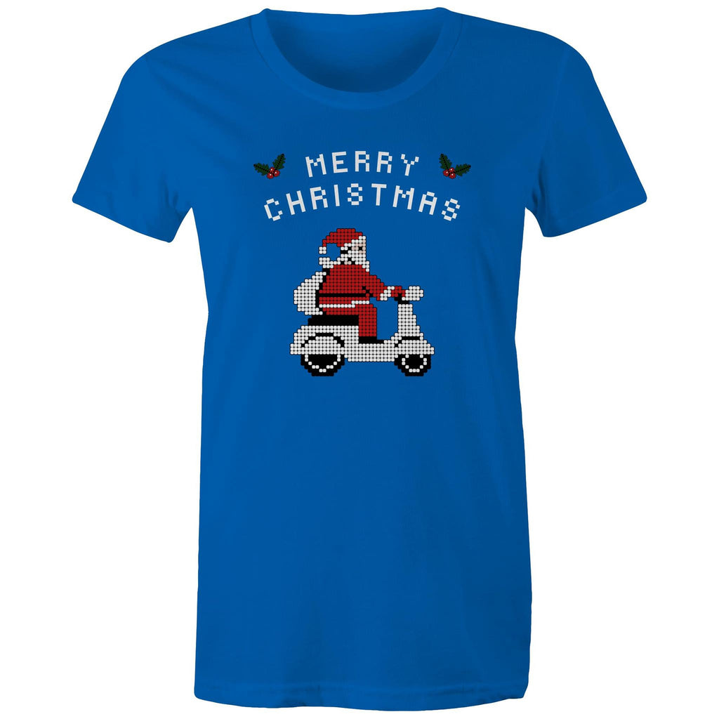 Scooter Santa - Womens T-shirt Bright Royal Womens Christmas T-shirt Christmas Printed In Australia
