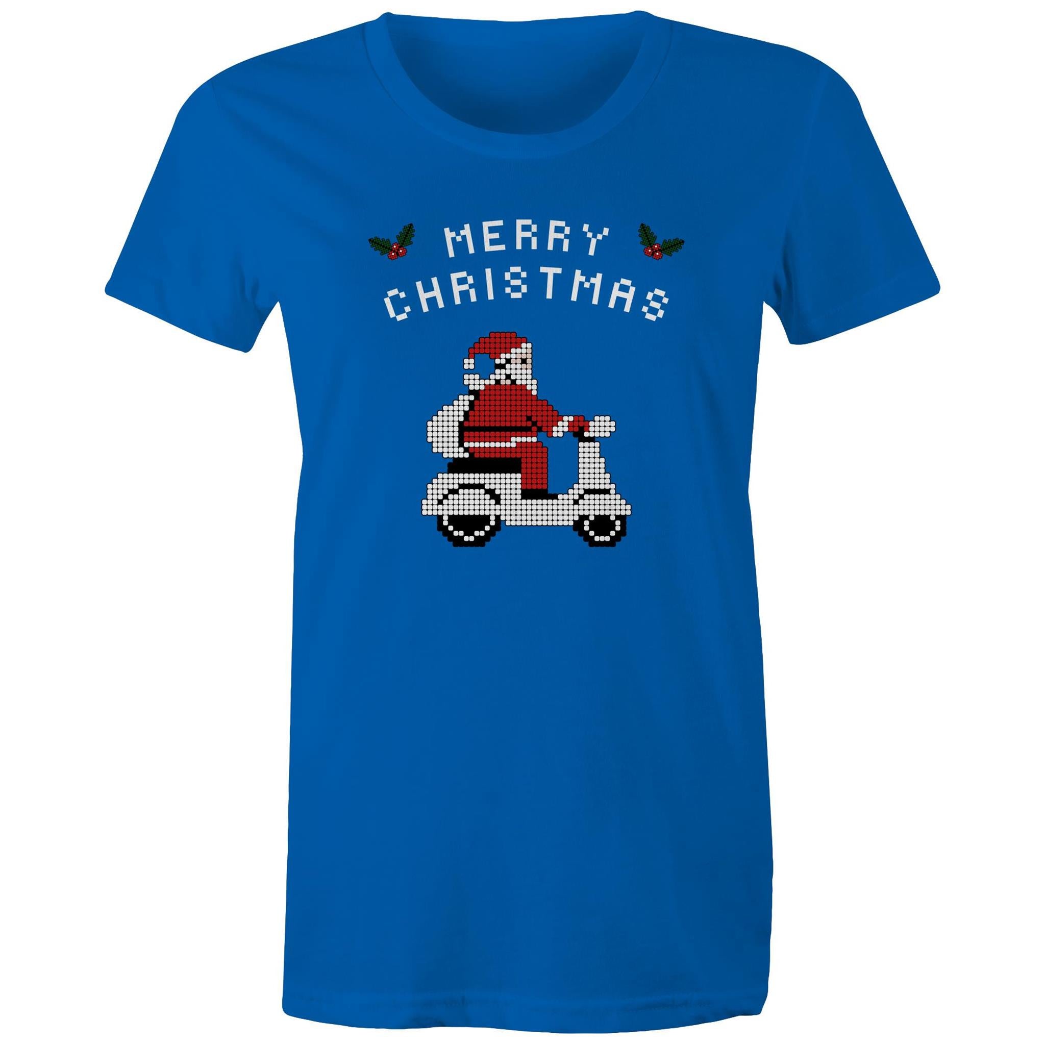 Scooter Santa - Womens T-shirt Bright Royal Womens Christmas T-shirt Christmas Printed In Australia