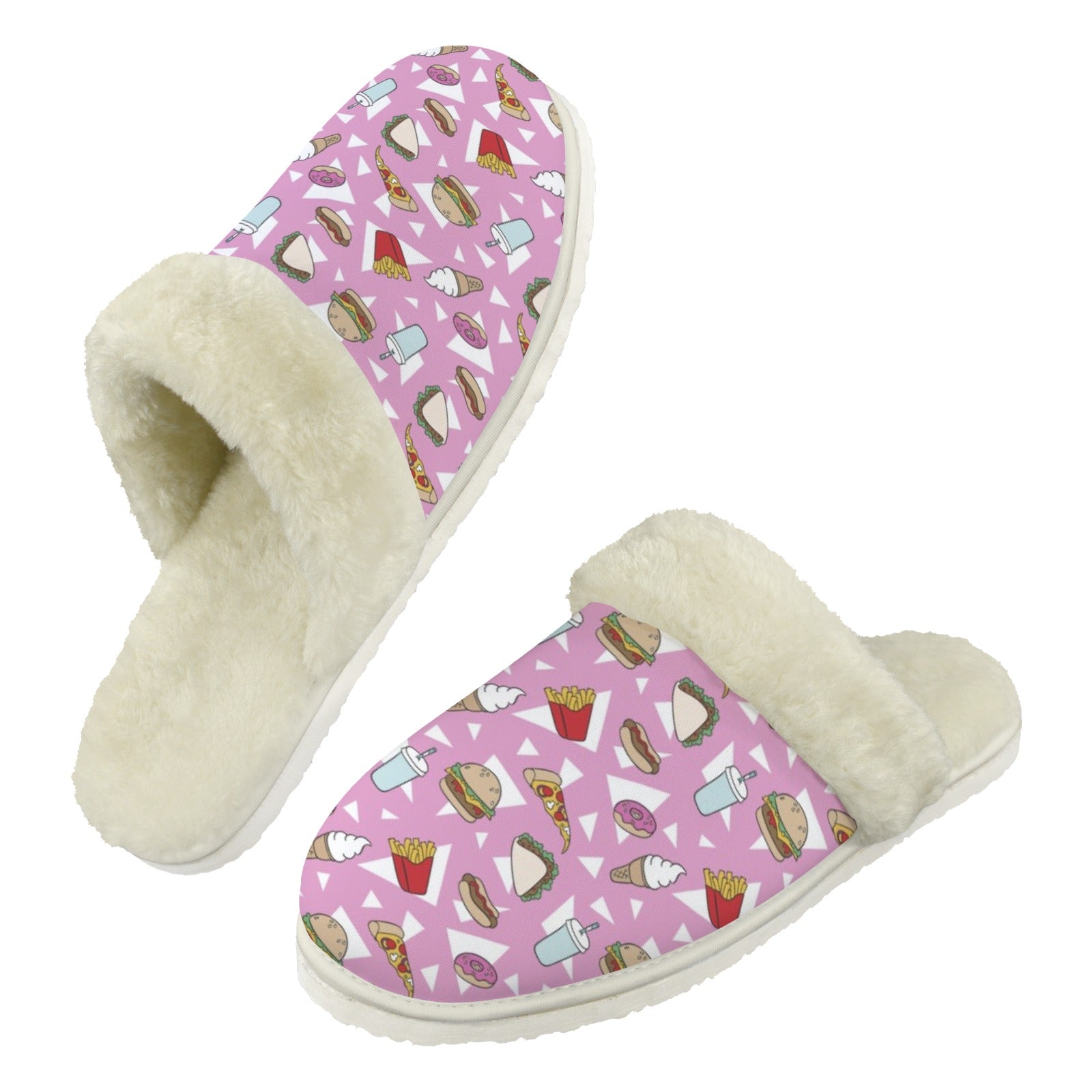 Fast Food Men's Fur Trim Thick-Sole Indoor Slippers 2XL Men's Fur Trimmed Slippers Food Printed Offshore