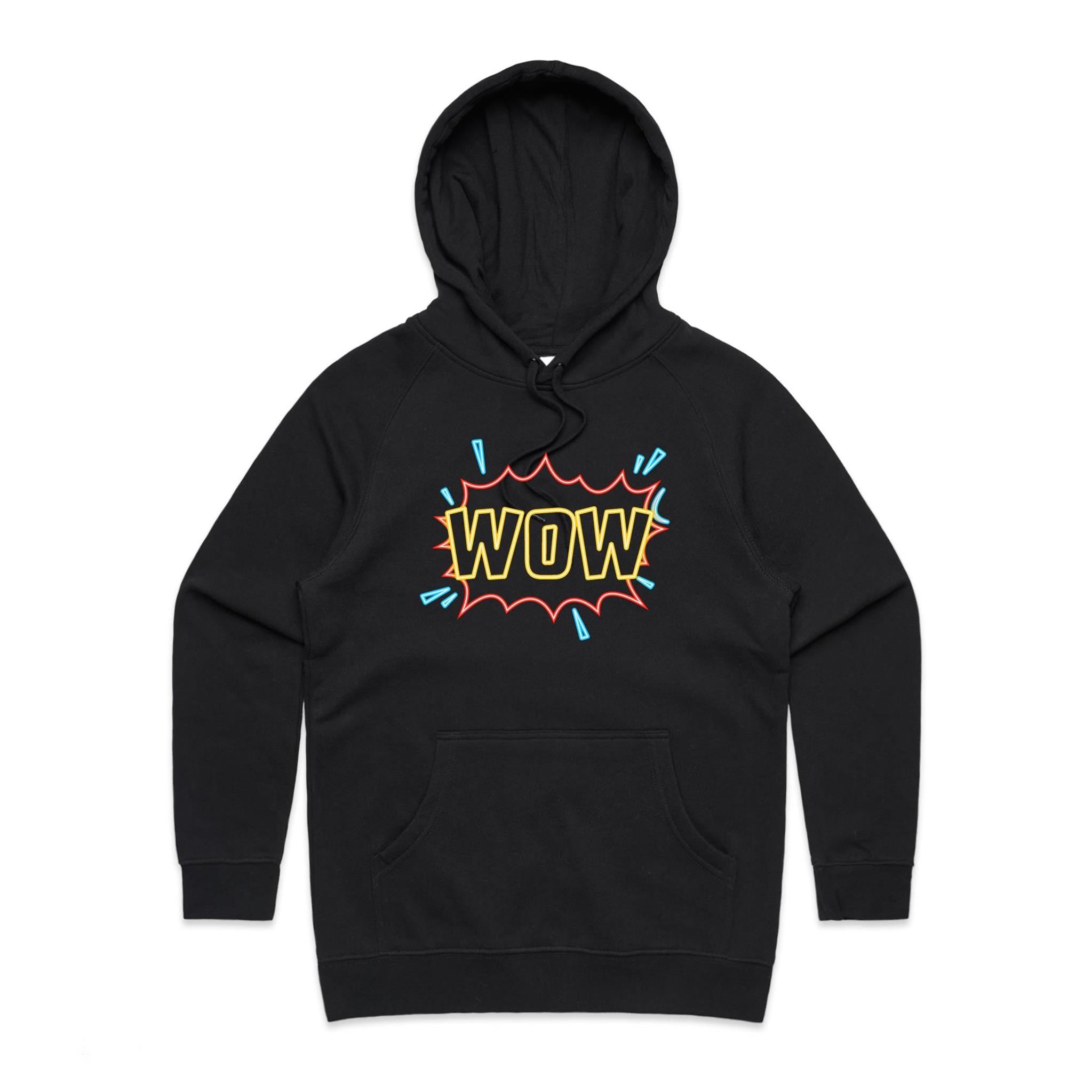 Wow - Womens Hoodie Black Womens Hoodie comic Printed In Australia