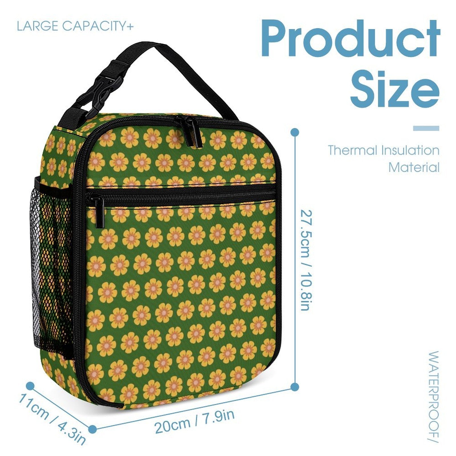 Yellow Flowers On Green Backpack, Lunch Bag & Pencil Case Set