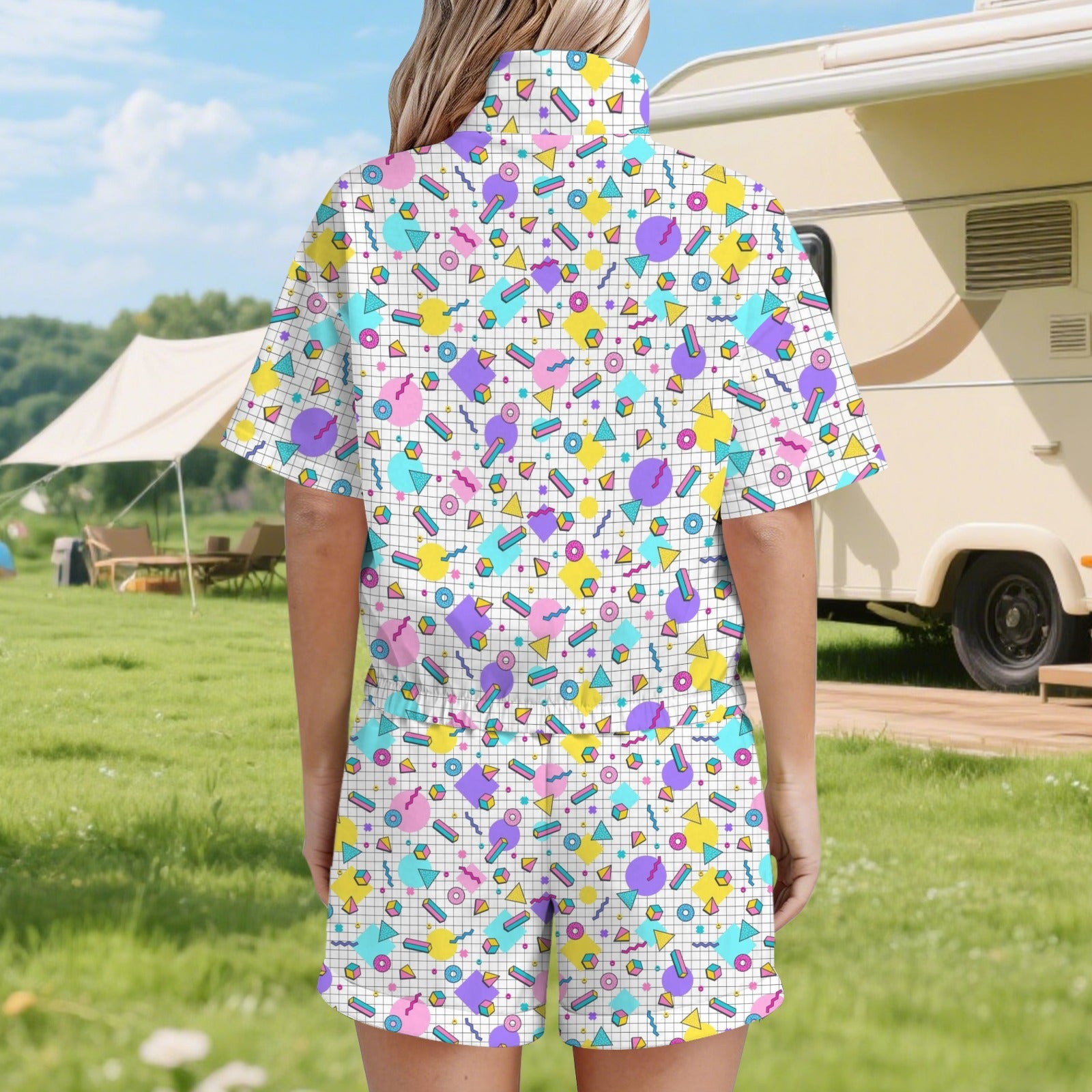 80's Grid - Women's Windbreaker Short Set Women's Windbreaker Short Set Printed Offshore Retro