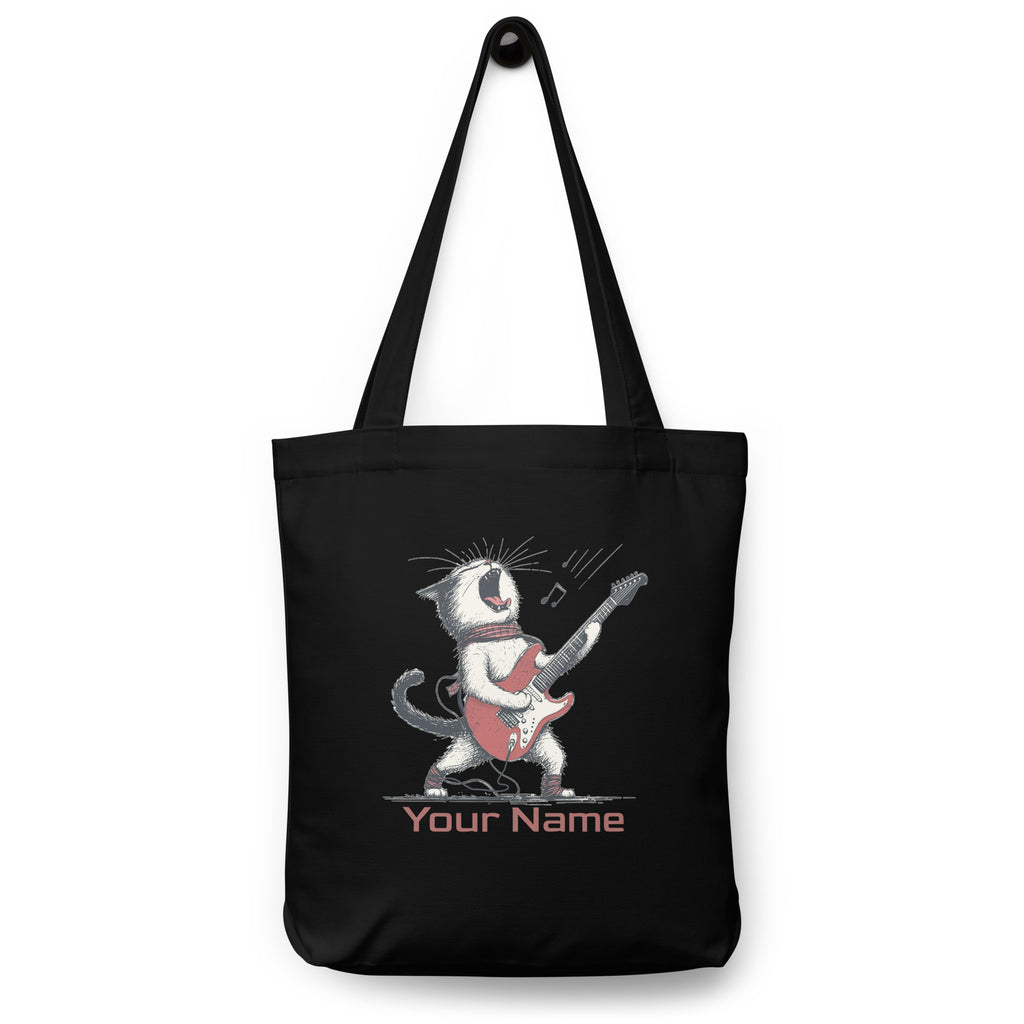Personalised Cat Playing Guitar Cotton tote bag Black Personalised Tote Bag Australian Printer printful_personalized_product