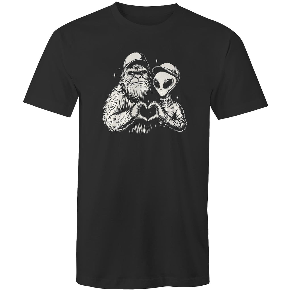 Alien Bigfoot Heart Hands - Mens T-Shirt Black Mens T-shirt Love Printed In Australia Sci Fi