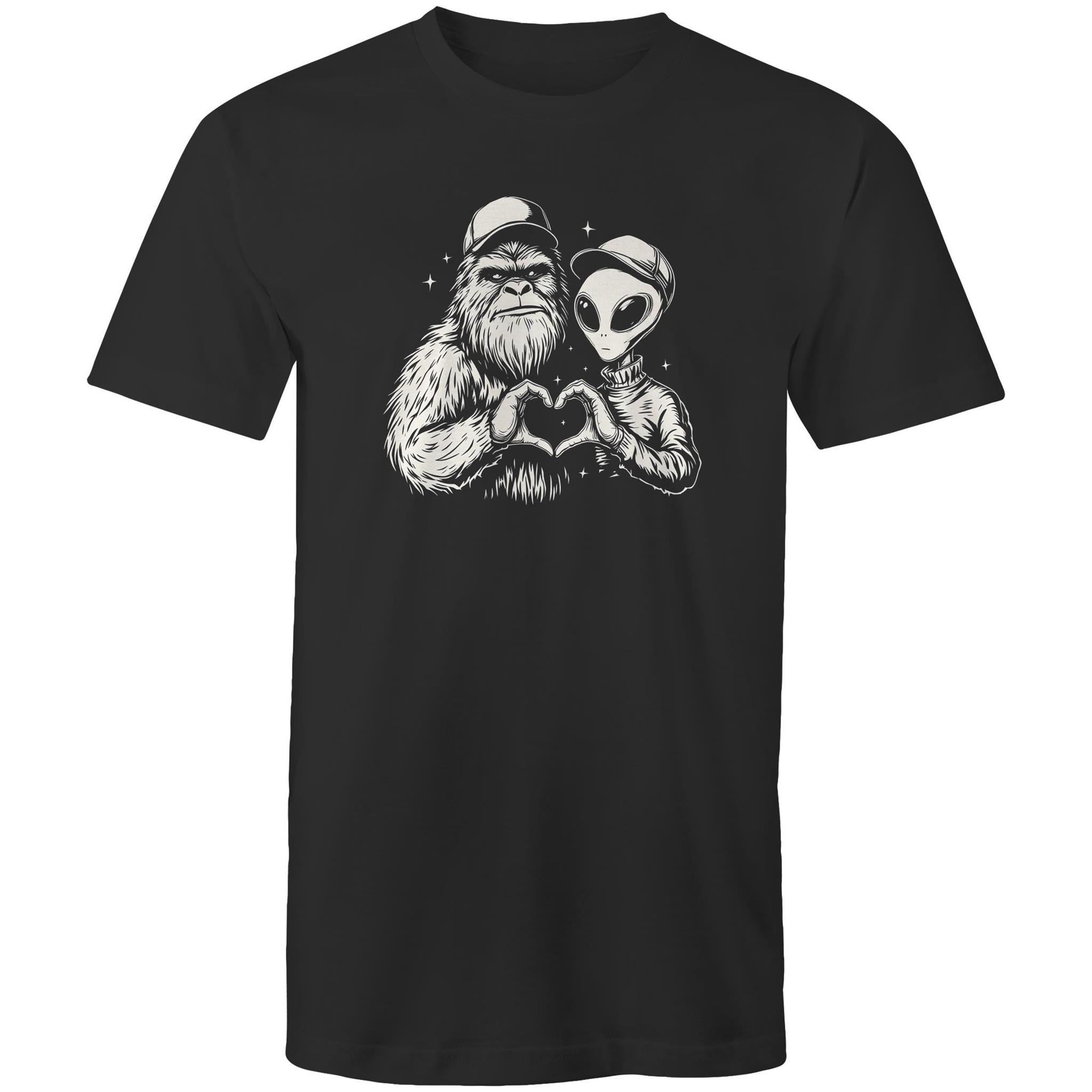 Alien Bigfoot Heart Hands - Mens T-Shirt Black Mens T-shirt Love Printed In Australia Sci Fi