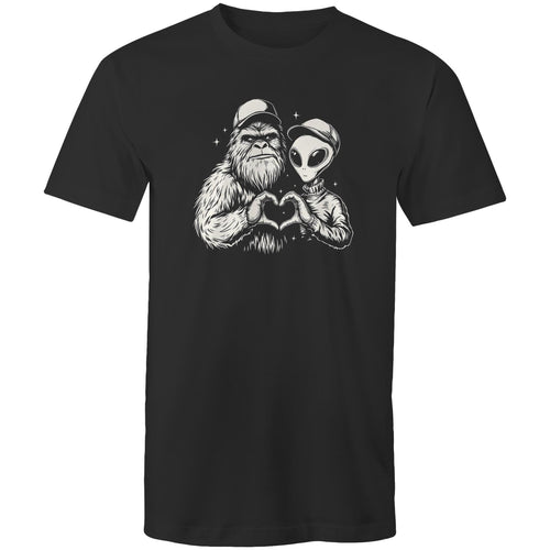 Alien Bigfoot Heart Hands - Mens T-Shirt Black Mens T-shirt Love Printed In Australia Sci Fi