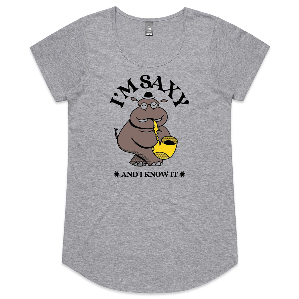I'm Saxy And I Know It, Hippo Trumpet Player - Womens Scoop Neck T-Shirt Grey Marle Womens Scoop Neck T-shirt animal Music Printed In Australia