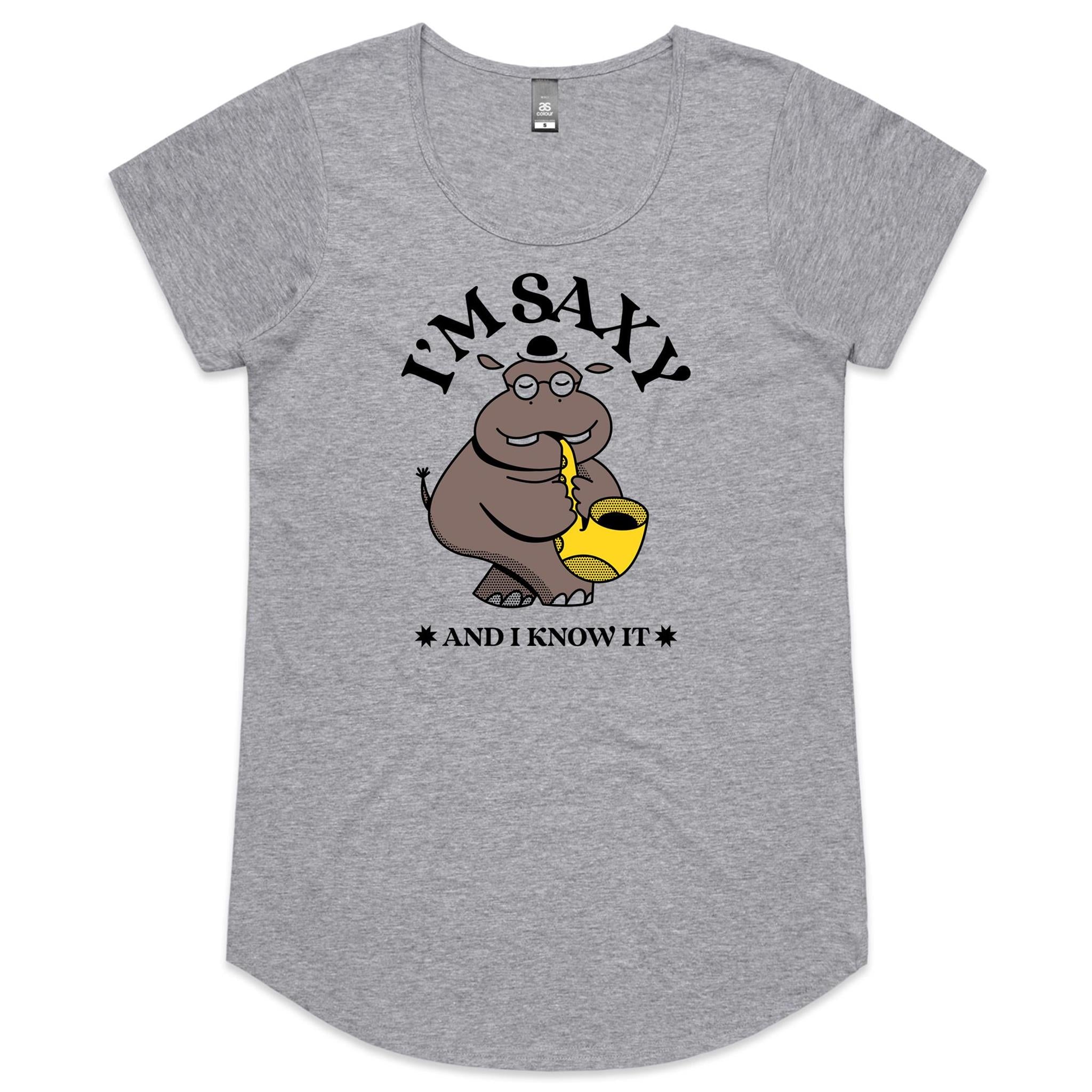 I'm Saxy And I Know It, Hippo Trumpet Player - Womens Scoop Neck T-Shirt Grey Marle Womens Scoop Neck T-shirt animal Music Printed In Australia
