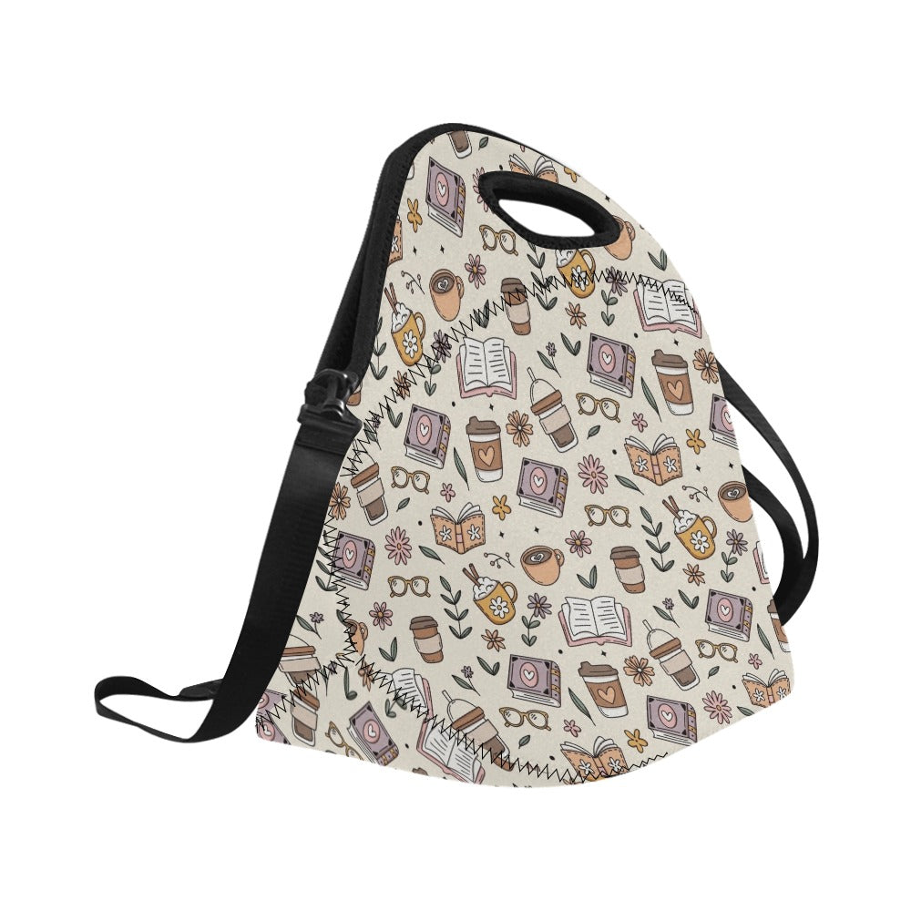 Books And Coffee Neoprene Lunch Bag/Large (Model 1669) Neoprene Lunch Bag Coffee Printed Offshore Reading